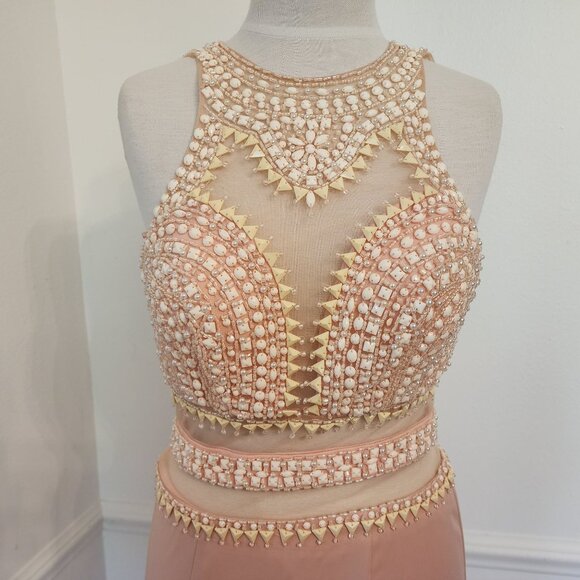 cinderella divine Dresses & Skirts - Cinderella Divine Beaded Peach Maxi Dress Size 4 Sheath Jewel Sleeveless Graduat